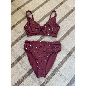 Birdsong Wildside Print Bikini Set Tie Front Small 32DD Wire Maroon Leopard HR